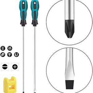 uoboeuq 2-Piece 12'' long Slotted and Phillips Screwdrive Screwdriver Set, Long Blade Screwdriver Set PH1 12-Inch Magnetic Screwdriver, 2 Packs Magnetic Screwdriver with Rubber Handle(5mmx300mm)