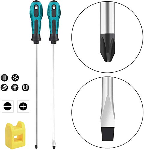 uoboeuq 2-Piece 12'' long Slotted and Phillips Screwdrive Screwdriver Set, Long Blade Screwdriver Set PH1 12-Inch Magnetic Screwdriver, 2 Packs Magnetic Screwdriver with Rubber Handle(5mmx300mm)