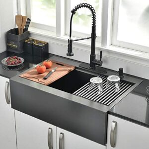 33 Inch Farmhouse Drop In Kitchen Sink Workstation Black- 33X22 inch Black Stainless Steel Drop In Apron Front Farmhouse Sink Workstation Kitchen Sink Single Bowl 16 Gauge Stainless Steel Farm Sink