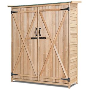 safstar outdoor storage shed with lockable door, wooden tool storage shed w/detachable shelves & pitch roof, garden storage cabinet for backyard patio deck porch, 56”l x 20”w x 65”h, natural