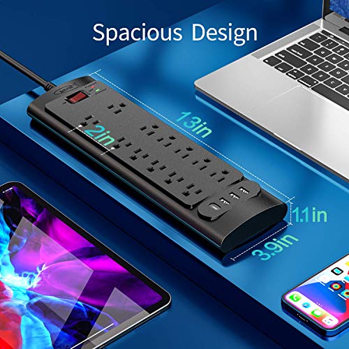 Power Strip, Bototek Surge Protector 6 FT Cord,12 Outlets and 4 USB Ports (1 USB-C, 3 USB-A), 6 FT 20W PD Extension Cord for Home,Office, and More (2980 Joule)