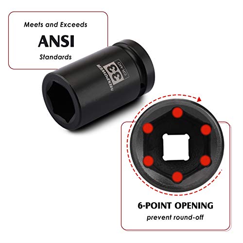 MIXPOWER 1 Inch Drive Deep Impact Socket, CR-MO, 33mm, 6 Point, Radius Corner Design, Chamfered Opening, Axle Nut Impact Grade Socket for Easy Removal