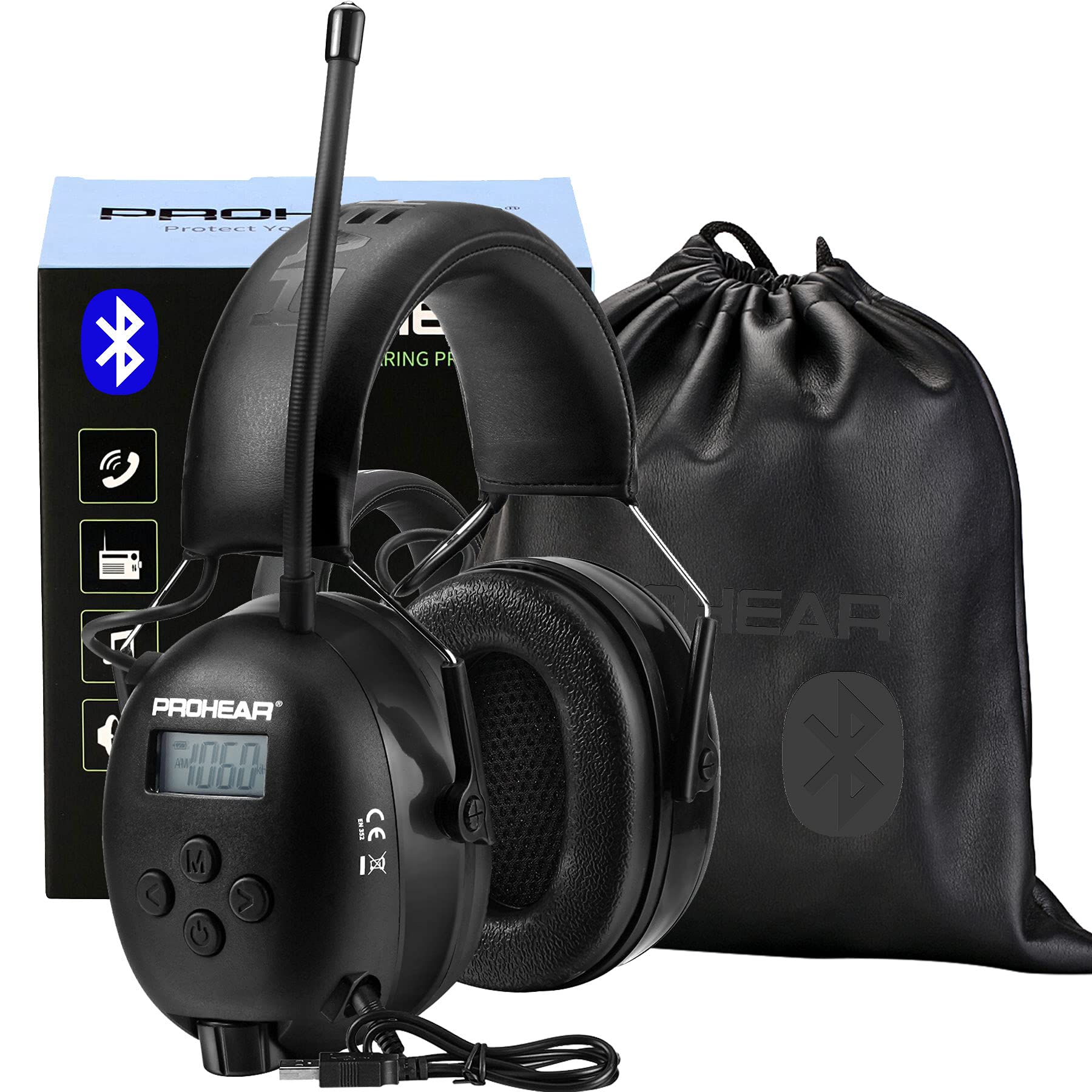 PROHEAR 033 Upgraded Bluetooth 5.3 Hearing Protection Headphones with FM/AM Radio - 25dB NRR Safety Earmuffs, Rechargeable, 48H Playtime for Mowing, Workshops, and Snowblowing - Black