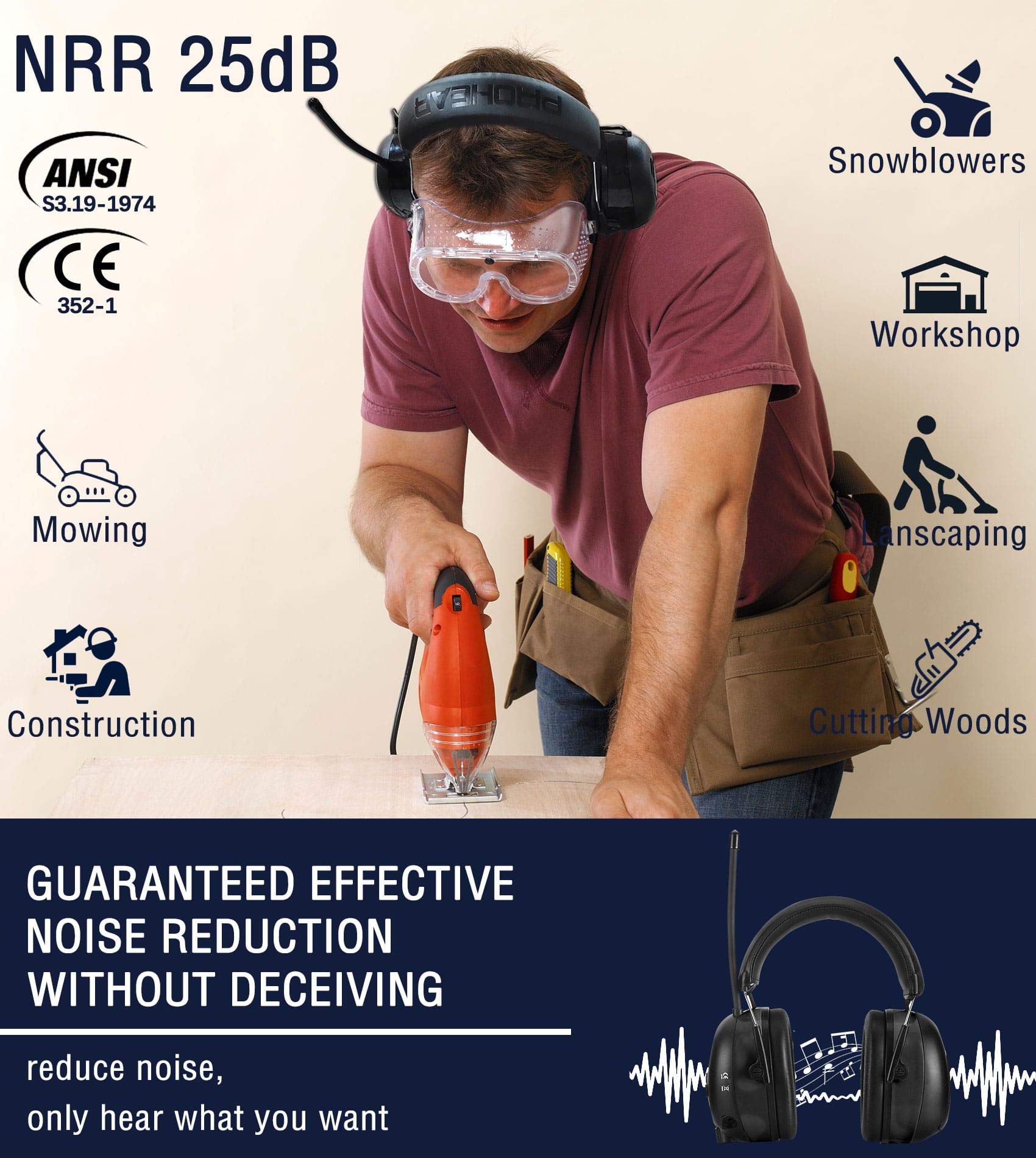 PROHEAR 033 Upgraded Bluetooth 5.3 Hearing Protection Headphones with FM/AM Radio - 25dB NRR Safety Earmuffs, Rechargeable, 48H Playtime for Mowing, Workshops, and Snowblowing - Black