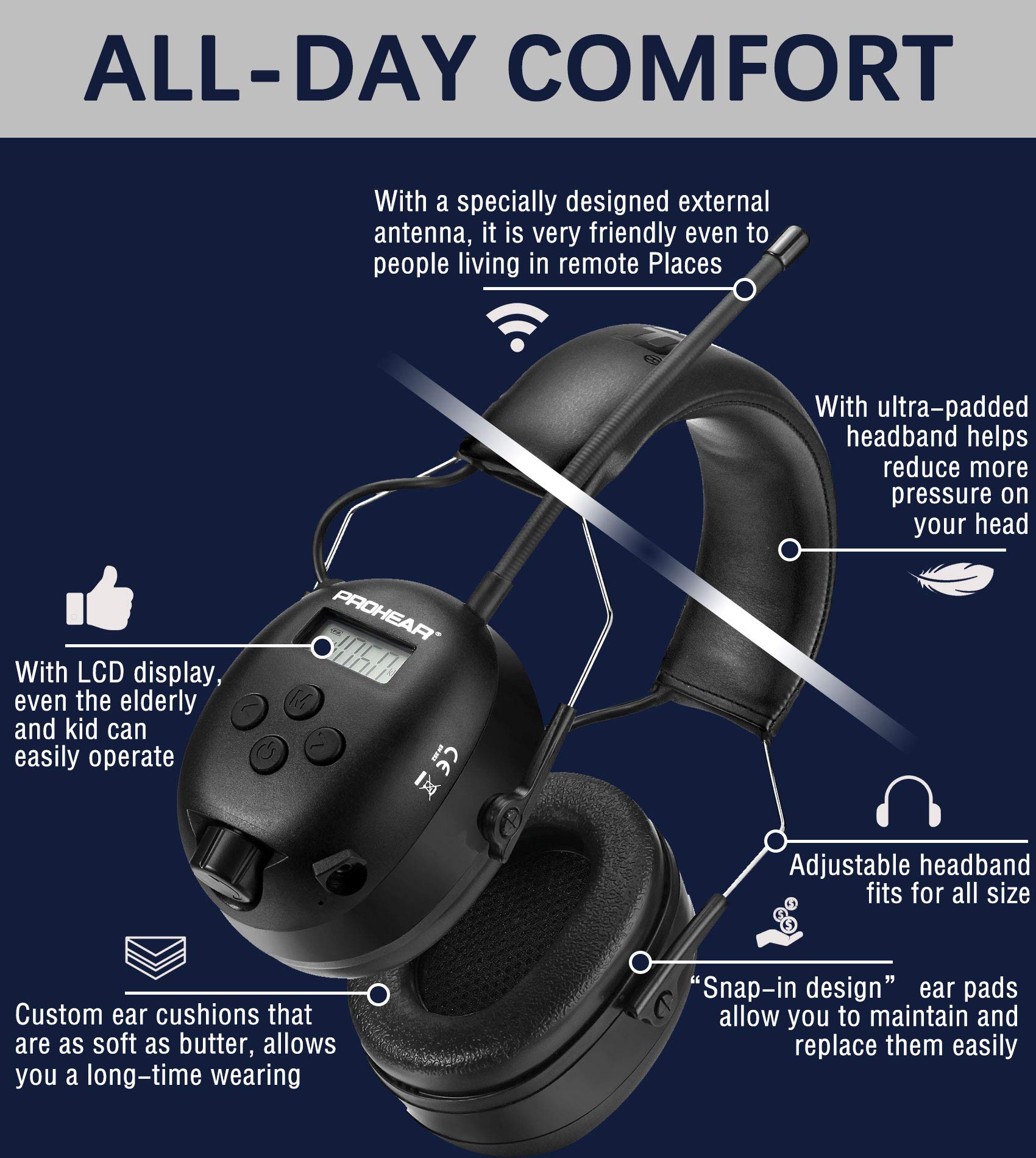 PROHEAR 033 Upgraded Bluetooth 5.3 Hearing Protection Headphones with FM/AM Radio - 25dB NRR Safety Earmuffs, Rechargeable, 48H Playtime for Mowing, Workshops, and Snowblowing - Black