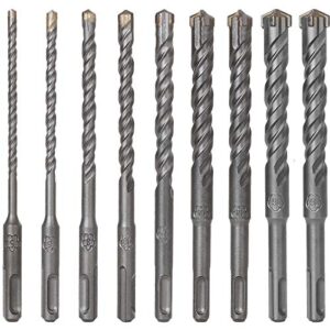 3/16" - 5/8" masonry drill bit set, 9pcs 3/8 inch sds plus bit rotary hammer drill bits set carbon steel carbide tip concrete drill bit set for brick, stone, block, concrete