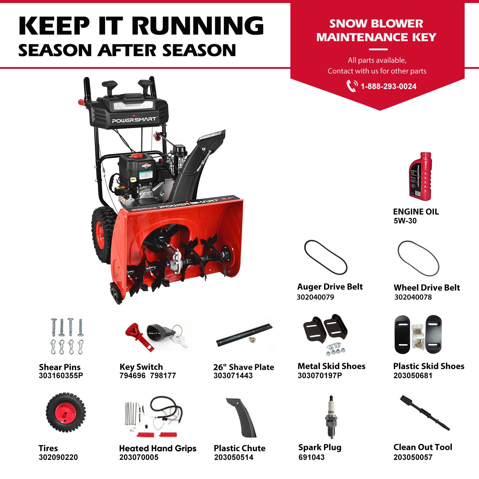 PowerSmart 26 Inch Snow Blower Gas Powered, 2-Stage 208cc B&S Engine with Electric Start, Led Light, Hand Warmer, Self Propelled BS26