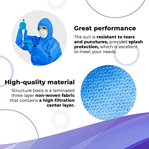 AMZ Disposable Coveralls with Hood, Medium Size. Pack of 5 Blue Hazmat Suits with Front Zip, Elastic Wrists and Ankles. 50 GSM SMS Lab Coveralls. Hazmat Costume Adult. Waterproof Painting Coveralls