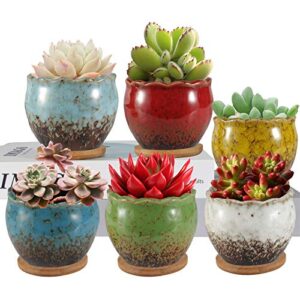 zoutog succulent pots, 4 inch colorful ceramic flower pots, succulent planter with drainage hole and bamboo plant saucers