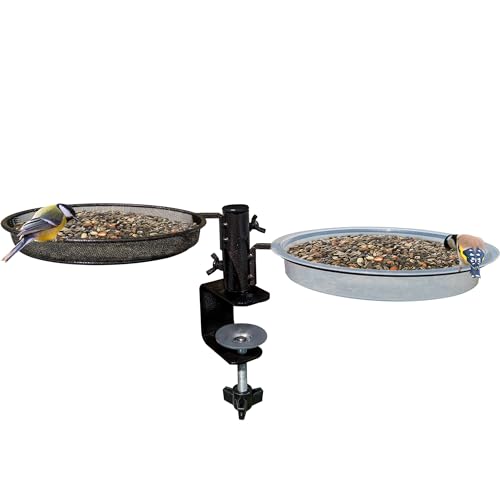 Gray Bunny Bird Feeder Tray and Bird Bath Set Deck Mounted with 360-degree Rotation, Adjustable Clamp, Removable Dish - Weather Proof, Christmas Decorations Outdoor Yard, Gardening Gifts for Women