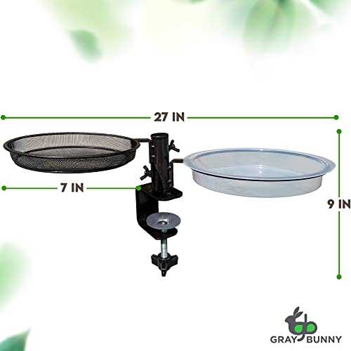 Gray Bunny Bird Feeder Tray and Bird Bath Set Deck Mounted with 360-degree Rotation, Adjustable Clamp, Removable Dish - Weather Proof, Christmas Decorations Outdoor Yard, Gardening Gifts for Women