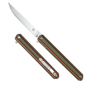 samior g1035 small slim folding pocket flipper knife, 3.5 inch d2 drop point blade, green g10 handle with liner lock pocket clip, gentleman's edc pen knives 1.3oz