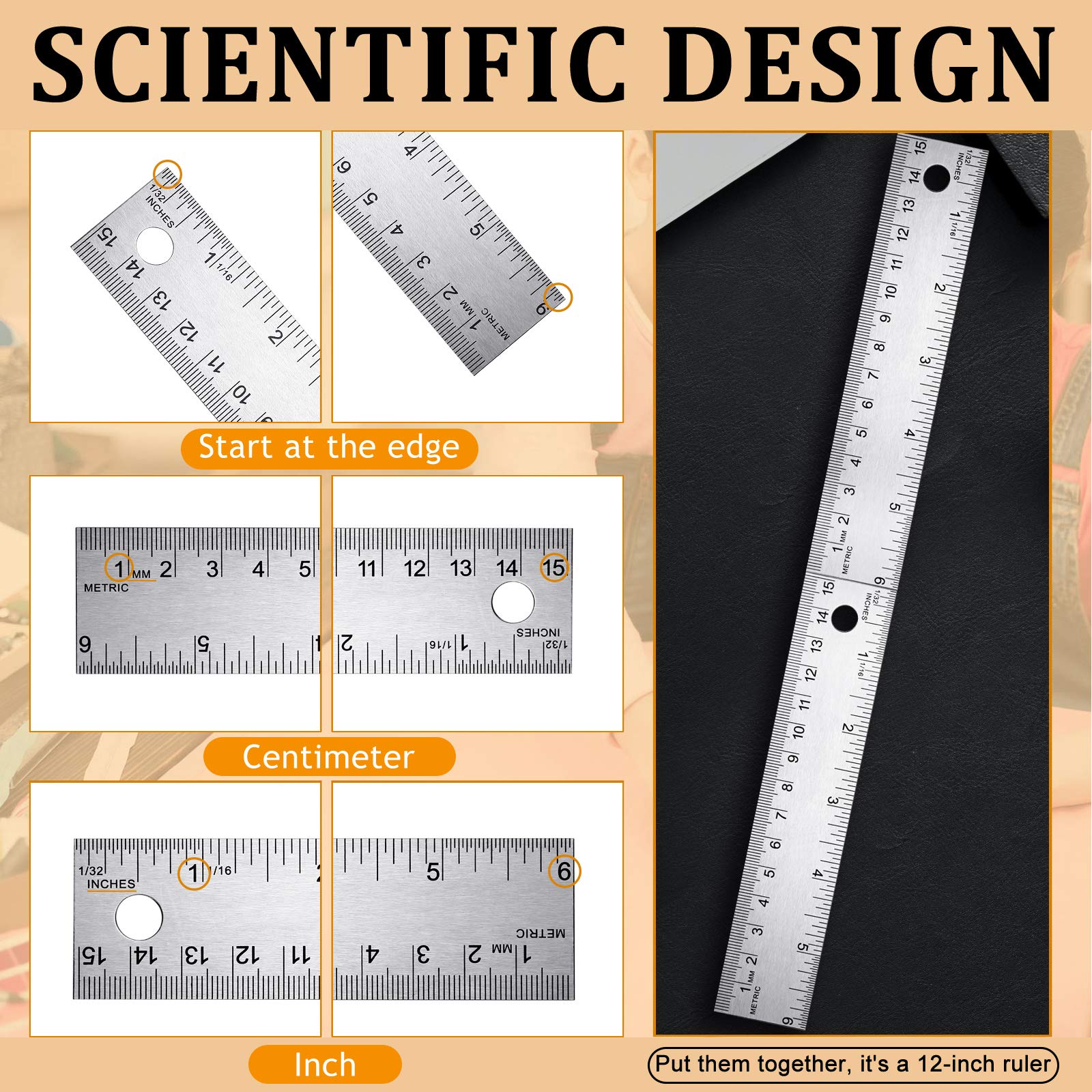 3 Pieces Stainless Steel Cork Back Rulers Metal Ruler Set Non Slip Straight Edge Cork Base Rulers with Inch and Metric Graduations for School Office Engineering Woodworking (6 Inches)