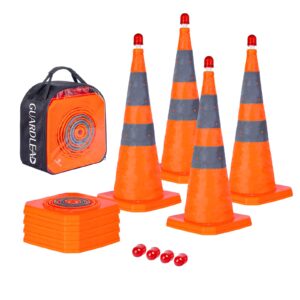 4 pack 28 inch collapsible traffic cones with led light, safety cones with reflective collars, multi purpose pop up extendable road safety cone by guardlead
