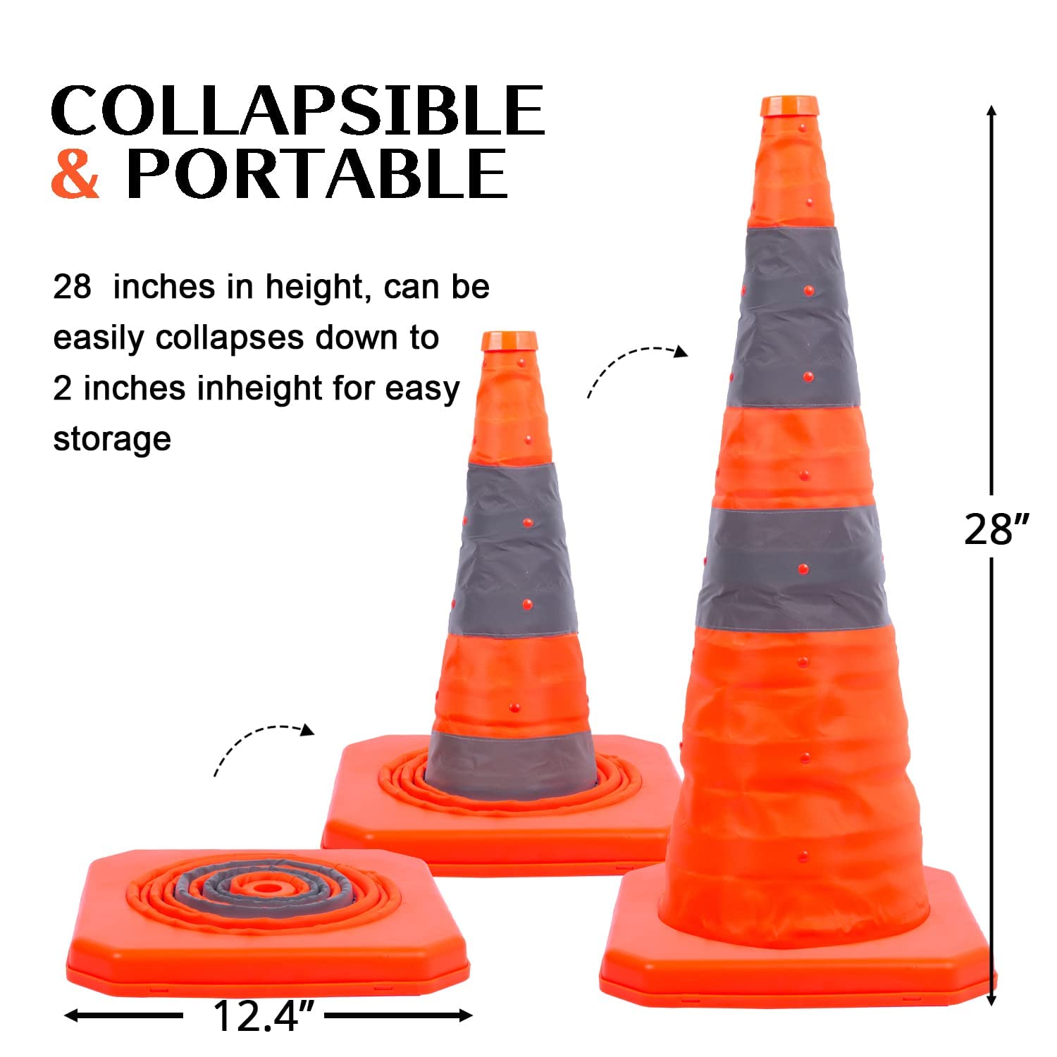 4 Pack 28 inch Collapsible Traffic Cones with LED Light, Safety Cones with Reflective Collars, Multi Purpose Pop Up Extendable Road Safety Cone by GUARDLEAD