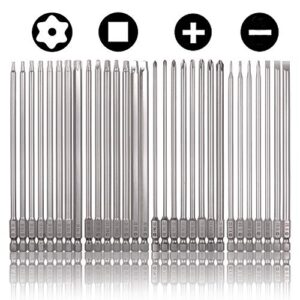 rocaris 30 pack 1/4 inch hex shank long magnetic screwdriver bits set 6 inch power tools(slotted+cross+square +torx)