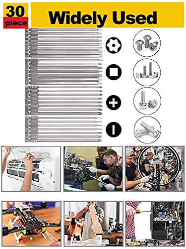 Rocaris 30 Pack 1/4 Inch Hex Shank Long Magnetic Screwdriver Bits Set 6 Inch Power Tools(Slotted+Cross+Square +Torx)