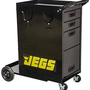 JEGS Welding Cart with Drawers and Welding Tank Platform - Fits Most MIG, TIG, ARC Welding Machines, Plasma Cutter - Steel Constructed and Black Powder Coat Finished Welding Table with Locking Wheels