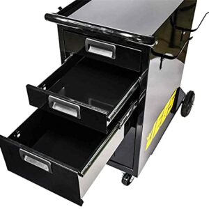 JEGS Welding Cart with Drawers and Welding Tank Platform - Fits Most MIG, TIG, ARC Welding Machines, Plasma Cutter - Steel Constructed and Black Powder Coat Finished Welding Table with Locking Wheels