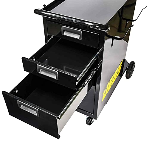 JEGS Welding Cart with Drawers and Welding Tank Platform - Fits Most MIG, TIG, ARC Welding Machines, Plasma Cutter - Steel Constructed and Black Powder Coat Finished Welding Table with Locking Wheels