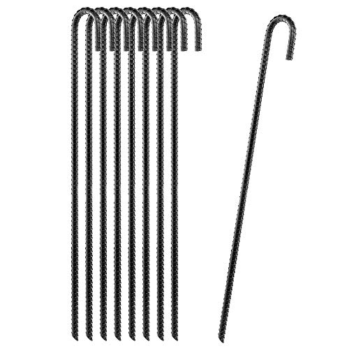 CRIZTA 24” Set of 8 Ground Rebar Stakes Heavy Duty J Hook Ground Anchors, Curved Steel Plant Support Garden Stake with Chisel Point end, Hammer Through Hard Soil for Camping Tent - Black Powder Coated