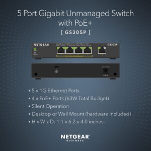 NETGEAR 5-Port Gigabit Ethernet Unmanaged PoE Switch (GS305P v2) - with 4 x PoE+ @ 63W, Desktop or Wall Mount