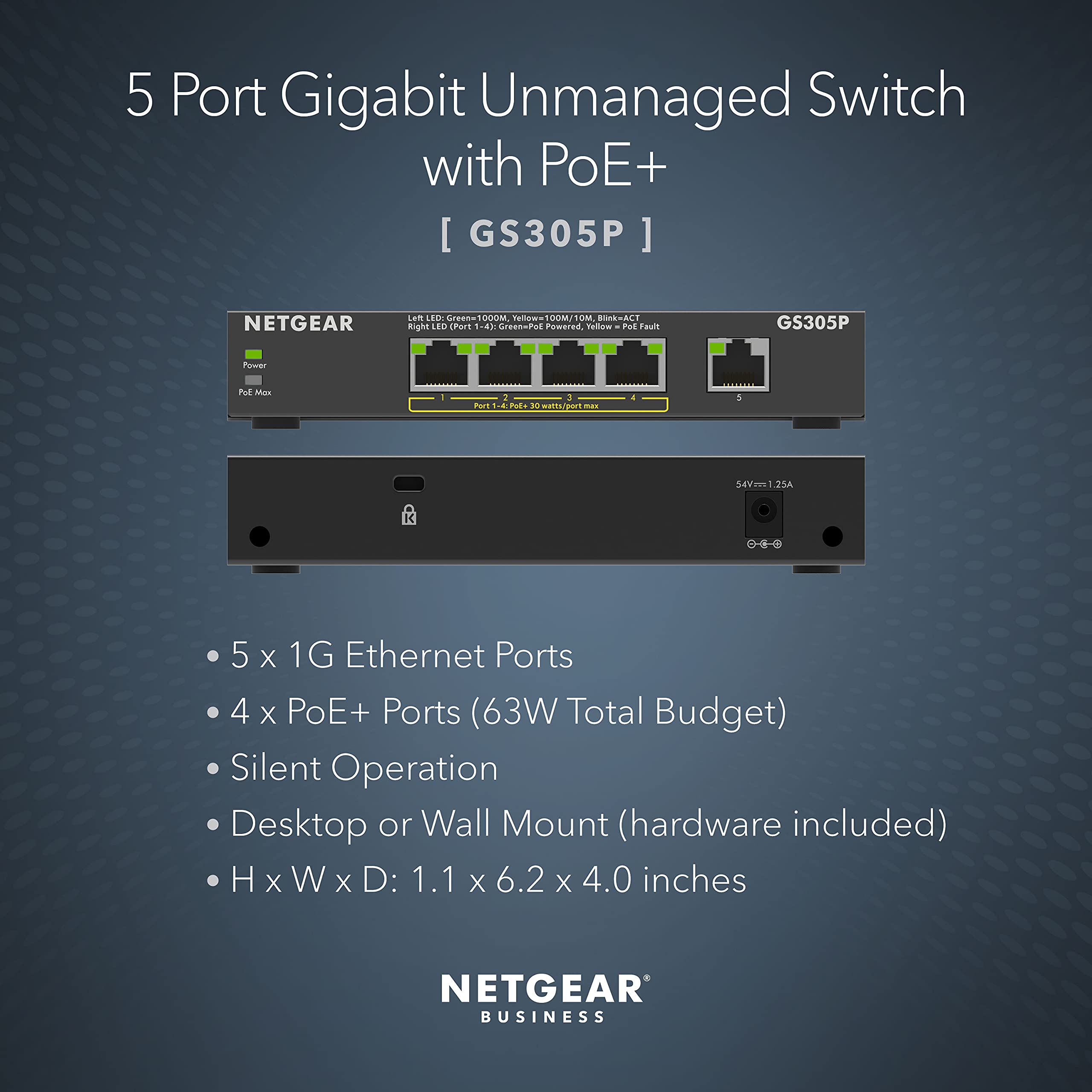 NETGEAR 5-Port Gigabit Ethernet Unmanaged PoE Switch (GS305P v2) - with 4 x PoE+ @ 63W, Desktop or Wall Mount