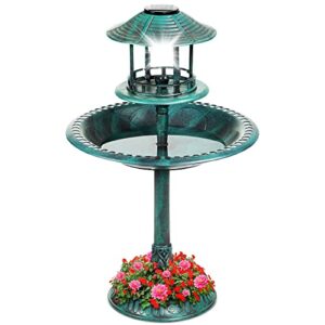 best choice products solar outdoor bird bath vintage resin pedestal fountain decoration for yard, garden w/planter base, feeder, decorative bird cage, fillable stand - green