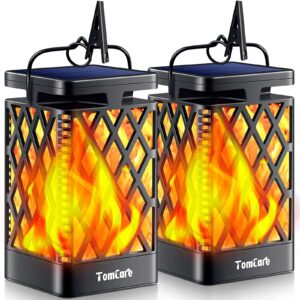 tomcare solar lights outdoor flickering flame solar lantern outdoor hanging lanterns decorative outdoor lighting solar powered waterproof led flame christmas lights for patio garden, 2 pack(black)