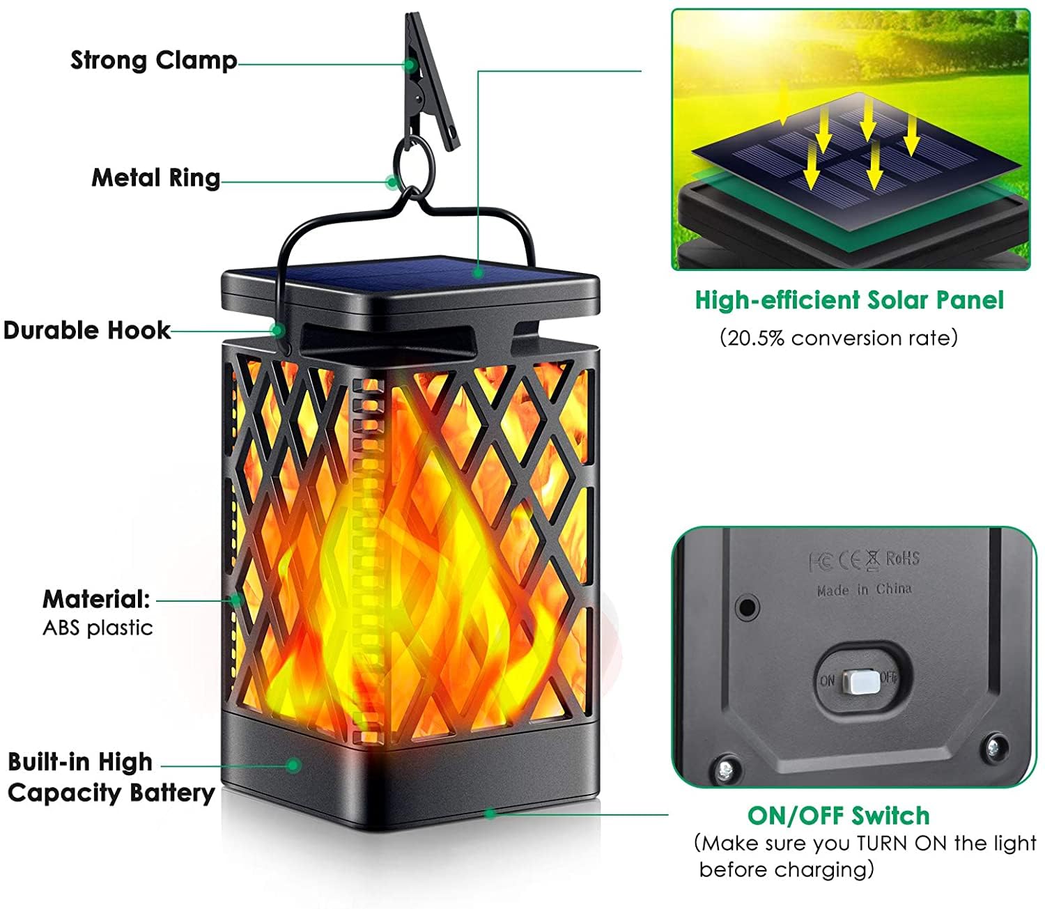 TomCare Solar Lights Outdoor Flickering Flame Solar Lantern Outdoor Hanging Lanterns Decorative Outdoor Lighting Solar Powered Waterproof LED Flame Christmas Lights for Patio Garden, 2 Pack(Black)