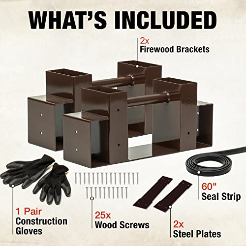 Tidyboss Outdoor Firewood Log Storage Rack | 2x4 Bracket kit | Adjustable to Any Length with Seal Strip, Gloves, Steel Plates and Screws (Dark Brown)