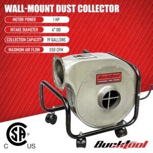 BUCKTOOL 1HP 6.5AMP Wall-mount Dust Collector with Remote Control and 2-micron Dust Filter Bag 550CFM Air Flow DC30A-1