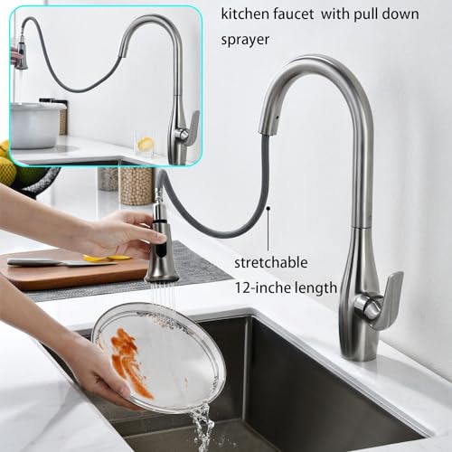 GERIGEMT Faucets for Kitchen Sinks,Kitchen Faucet with Pull Down Sprayer High Arc Kitchen Sink Faucet Stainless Steel Brushed Nickel with 10 Inch Deck Plate,with cUPC Water Supply Lines.