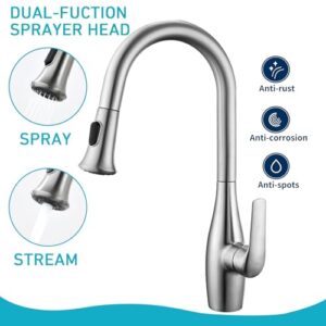 GERIGEMT Faucets for Kitchen Sinks,Kitchen Faucet with Pull Down Sprayer High Arc Kitchen Sink Faucet Stainless Steel Brushed Nickel with 10 Inch Deck Plate,with cUPC Water Supply Lines.