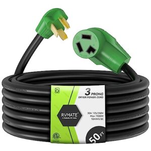 rvmate 3 prong dryer/ev extension cord 50 feet, 30 amp nema 10-30p to 10-30r 125v/250v waterproof pvc jacket, perfect for dryer power extension and level 2 ev charging, etl listed