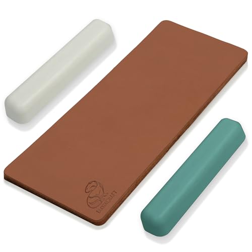 BeaverCraft Leather Strop Kit for Knife Sharpening Carving Knife Strop with Green-Gray & White Polishing Compound - Leather Sharpening Strop 2-sided 3 x 8 IN, Leather Honing Strop Block LS2P11