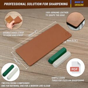 BeaverCraft Leather Strop Kit for Knife Sharpening Carving Knife Strop with Green-Gray & White Polishing Compound - Leather Sharpening Strop 2-sided 3 x 8 IN, Leather Honing Strop Block LS2P11