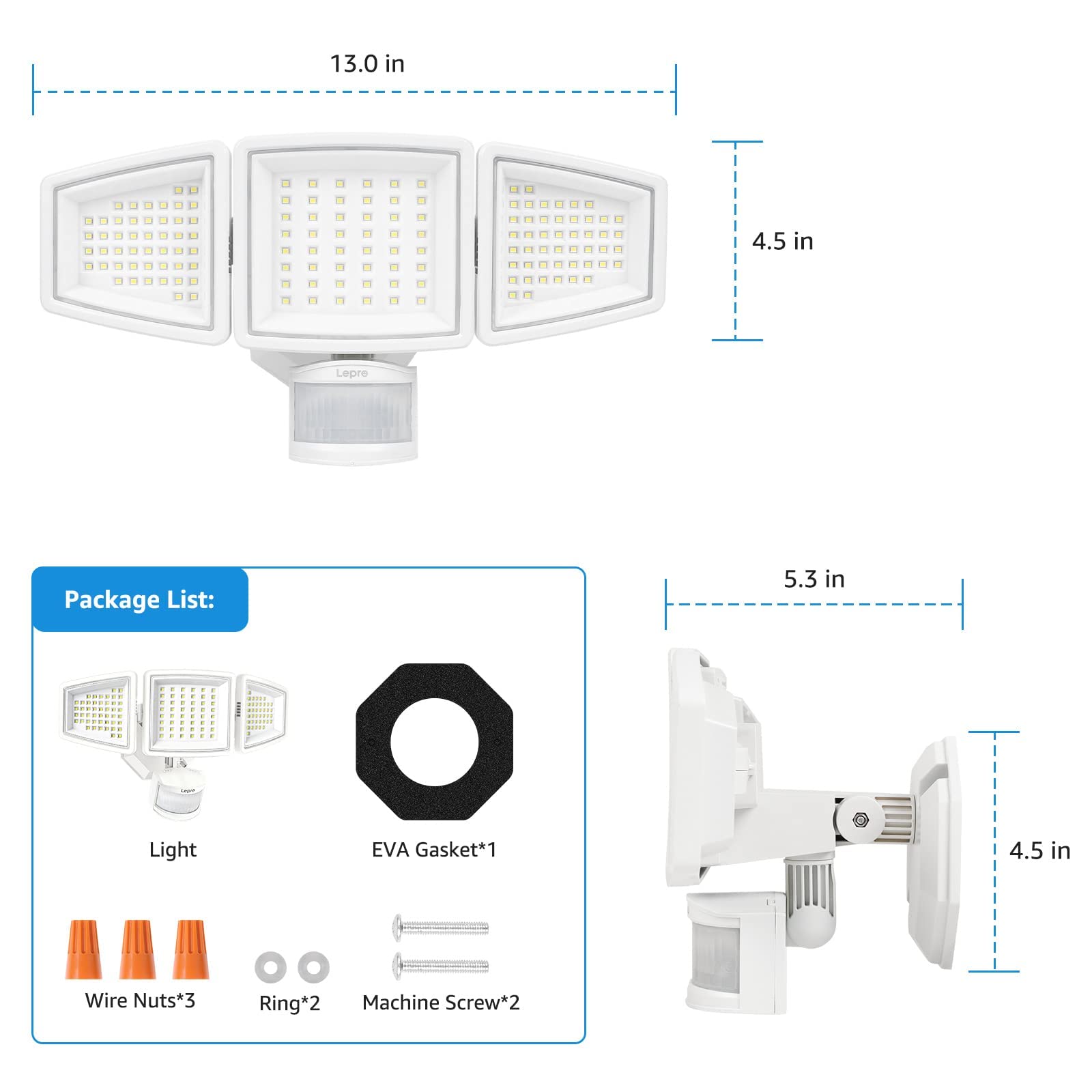 Lepro LED Security Lights, Outdoor Motion Sensor Light, Flood Lights with 3 Adjustable Heads, 270° Wide Lighting Angle, 27W 3200LM Super Bright, IP65 Waterproof for Yard Porch Garage, White