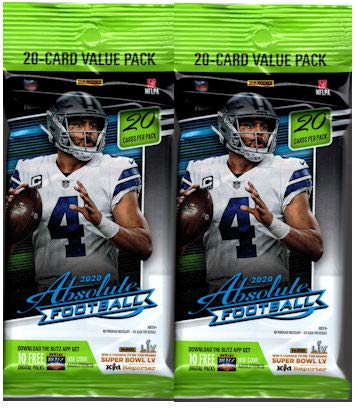 2 PACKS: 2020 Panini Absolute NFL Football CELLO pack (20 cards/pk)