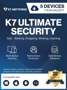 k7 ultimate security antivirus software 2023 |5 devices, 1 year|threat protection,internet security,data backup,mobile protection| laptop,pc, mac®,phones,tablets| 2hr email delivery-no cd
