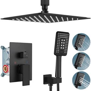 aolemi matte black shower system ceiling mount 12 inch rain shower head with 3 functions abs handheld spray luxury high pressure shower combo set rough-in valve and shower trim included bathroom