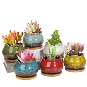 laerjin succulent pots, 4 inch ceramic plant pots and drainage hole with bamboo tray, colorful flower planter pot, pack of 6 (plants not included)