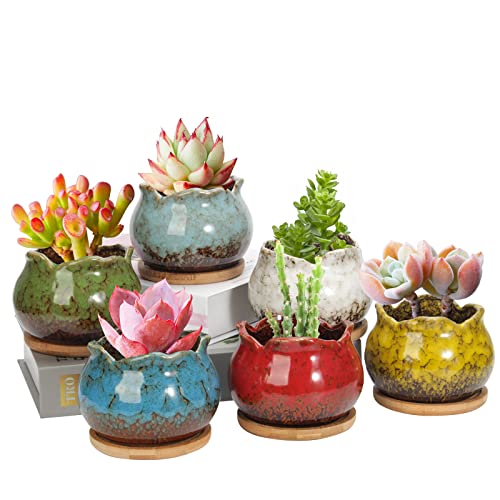 Laerjin Succulent Pots, 4 Inch Ceramic Plant Pots and Drainage Hole with Bamboo Tray, Colorful Flower Planter Pot, Pack of 6 (Plants Not Included)