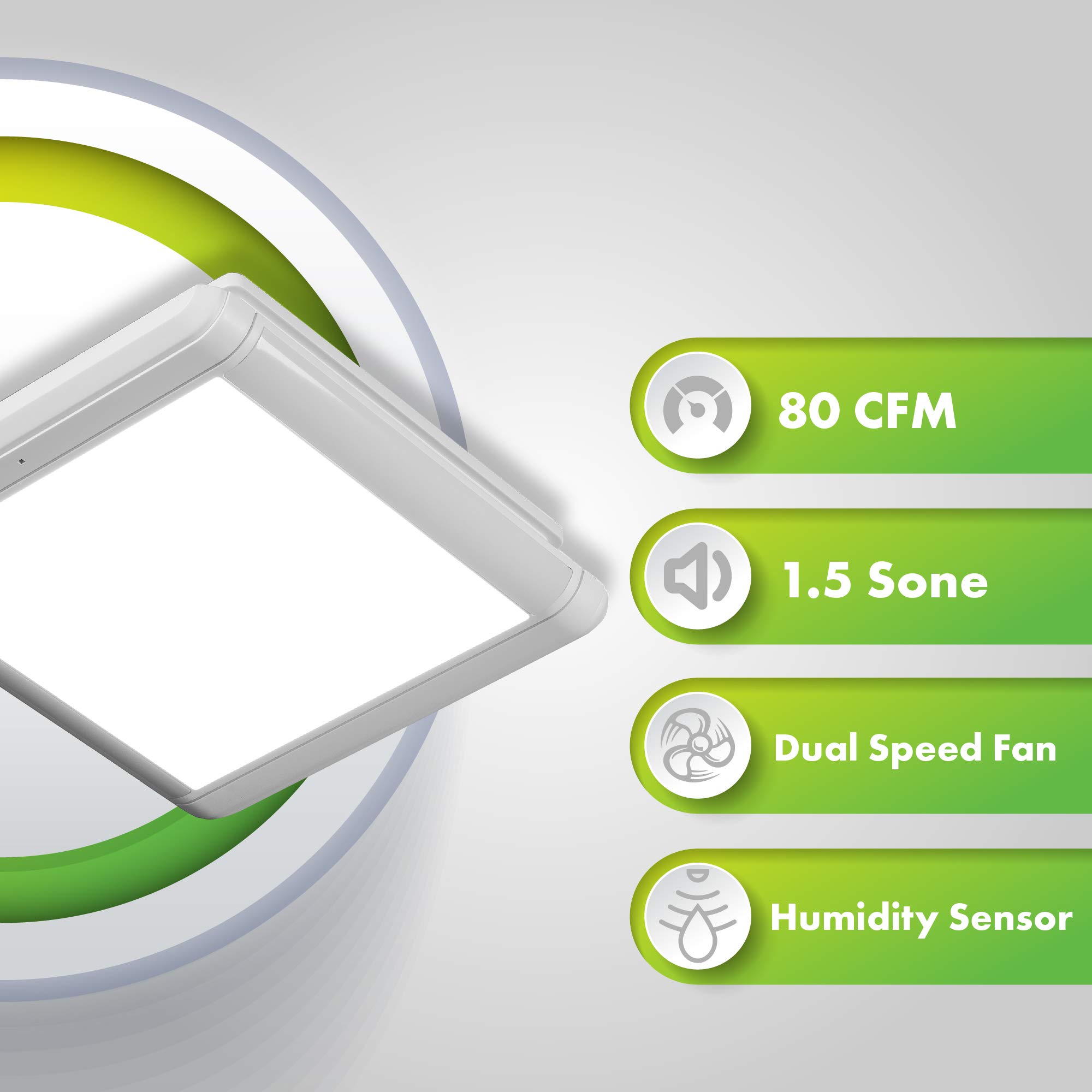 Homewerks 7145-80V-HS Dual Speed Bathroom Exhaust Fan with Integrated Dimmable LED and Automating Humidity Sensor, 1.0-1.5 Sones 80-110 CFM, Smart Moisture White