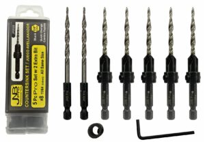 jnb pro wood countersink drill bit set - 5 pc adjustable countersink bit #8(11/64") all same size - 2 extra 11/64 tapered drill bit, 1 adjust. collar, 1 wrench - 1/4" quick change shank - countersink