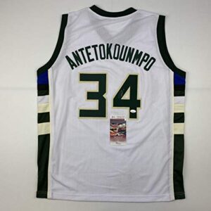 autographed/signed giannis antetokounmpo milwaukee white basketball jersey jsa coa