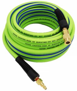 yotoo air hose 3/8 in x 50 ft, heavy duty hybrid air compressor hose, flexible, lightweight, kink resistant with 1/4" industrial quick coupler fittings, bend restrictors, green+blue