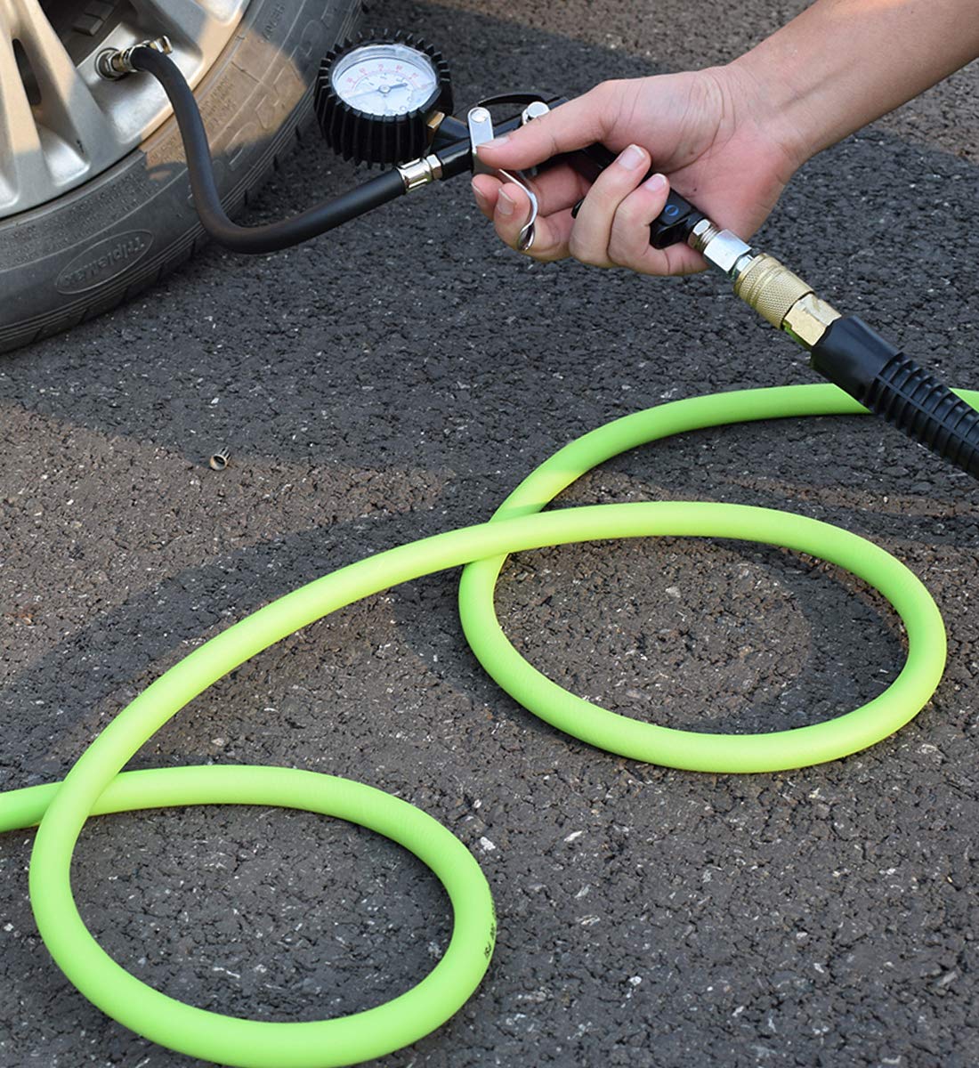 YOTOO Air Hose 3/8 in x 50 ft, Heavy Duty Hybrid Air Compressor Hose, Flexible, Lightweight, Kink Resistant with 1/4" Industrial Quick Coupler Fittings, Bend Restrictors, Green+Blue