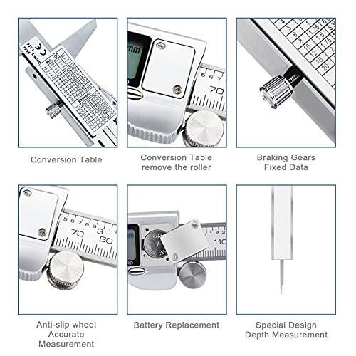 Digital Caliper Micrometer, REEXBON 6 Inch Caliper Measuring Tool, Inch/mm/Fractions Conversion, Stainless Steel Precise Vernier Calipers with Extra-Large LCD Screen