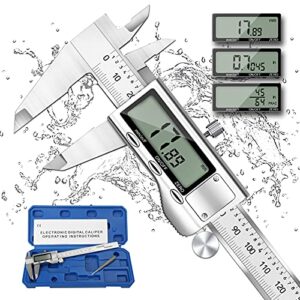 digital caliper micrometer, reexbon 6 inch caliper measuring tool, inch/mm/fractions conversion, stainless steel precise vernier calipers with extra-large lcd screen